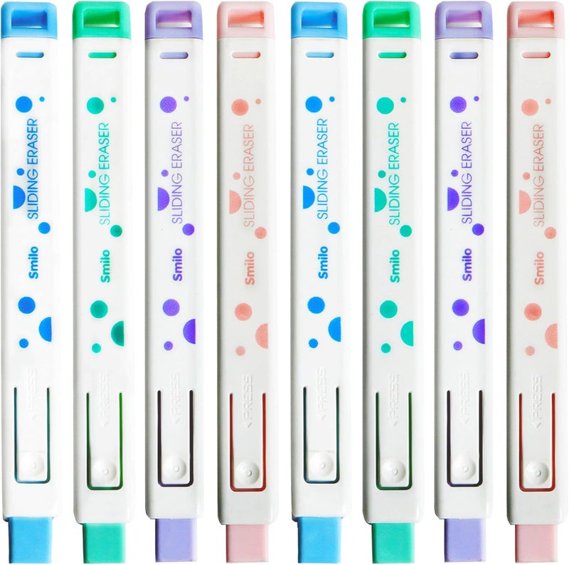 Smilo 8-Pack Retractable Mechanical Pencil Erasers - Push-Pull Sliding Eraser Pens for Drawing, School & Art, No Mess TPE Erasers for Artists (4 Colors) - Image 2